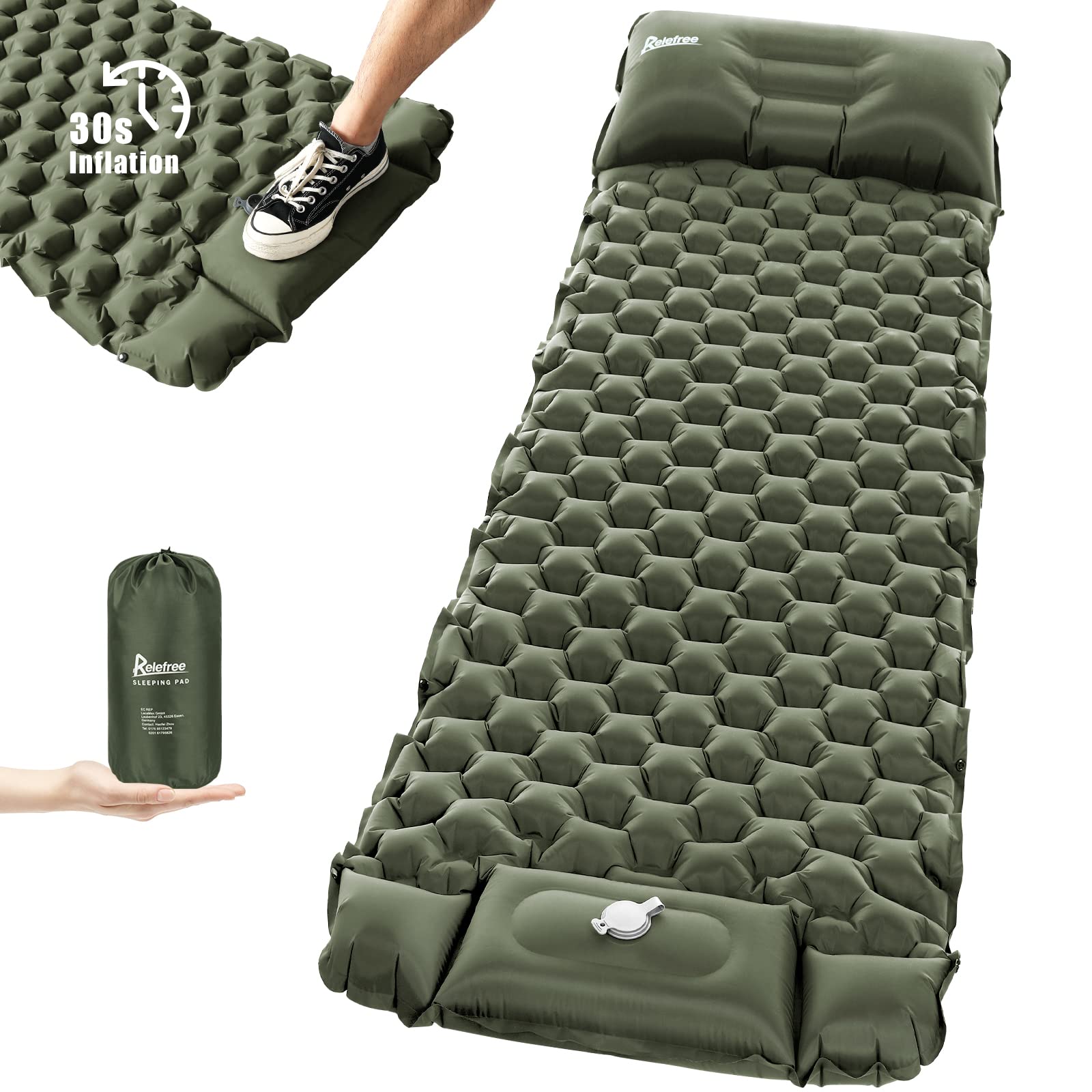 Inflatable Camping Mat Built in Pump（Army Green）